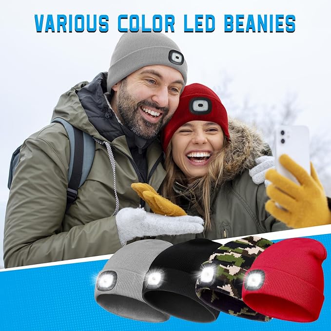 Beanie Hats with Light, USB Rechargeable LED Hand Free Headlamp, Ideal for Camping, Hiking, Fathers Day Dad Gifts, Birthday Gifts for Husband, Dad, Men, 2 Pack, Red