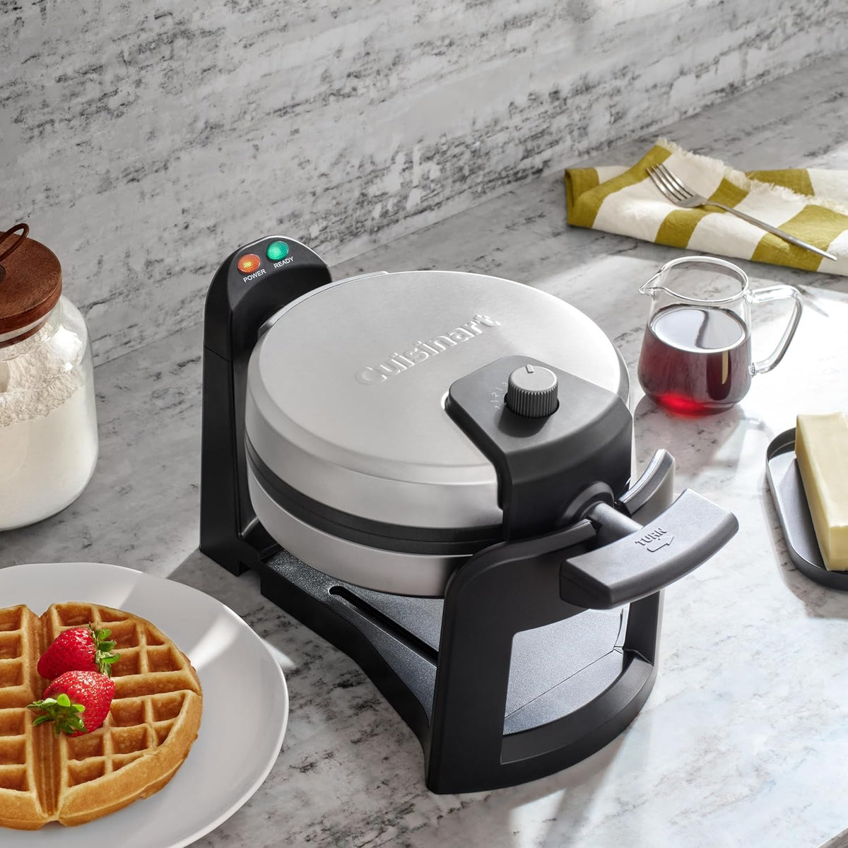 Cuisinart Round Flip Belgian Waffle Maker, Black/Silver, 1 inch thick, WAF-F30NAS