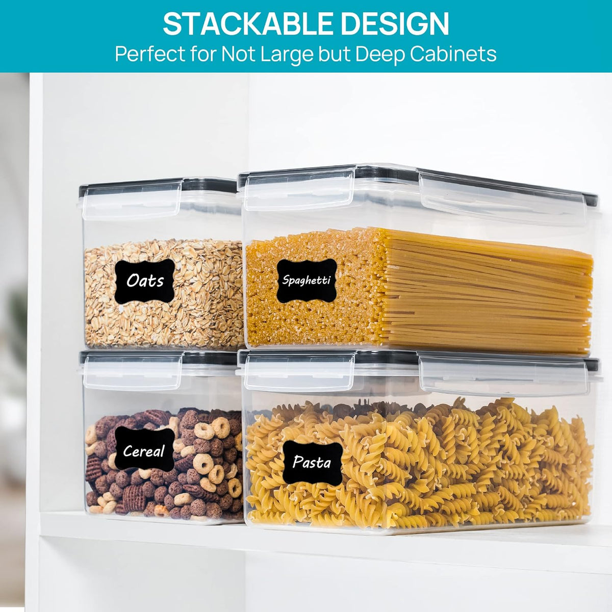 Vtopmart Airtight Food Storage Containers with Lids 8PCS Set 3.2L, Plastic Spaghetti Container for Pasta organizer, BPA Free Air Tight House Kitchen Pantry Organization