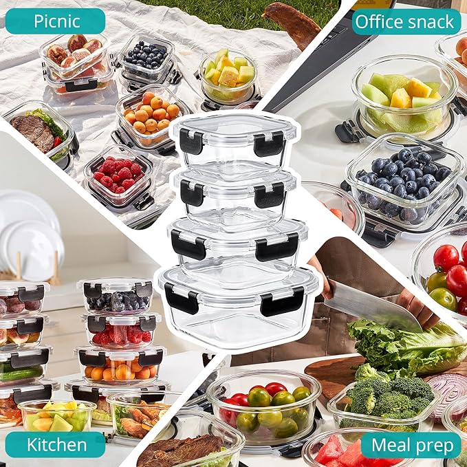Sorbus Glass Meal Prep Containers, Dishwasher and Oven Safe Reusable Meal Prep Containers, Freezer Safe Glass Food Storage Containers with Airtight Lids