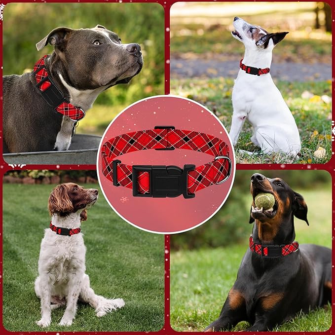 Christmas Dog Collar, Classical Puppy Collar for Small Medium Large Dogs, Adjustable Soft Plaid Pet Collar with Safety Buckle for Male Females (Red Plaid, L)