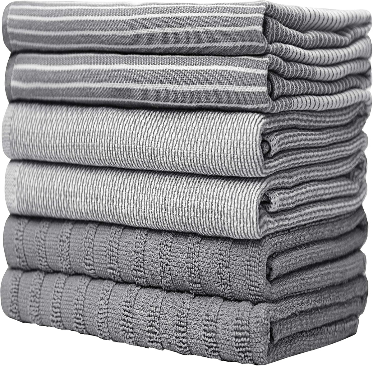 Premium Kitchen Towels (20”x 28”, 6 Pack) | Large Cotton Kitchen Hand Towel | Flat & Terry Dish Cloths | Highly Absorbent Tea Towels Set with Hanging Loop | Gray