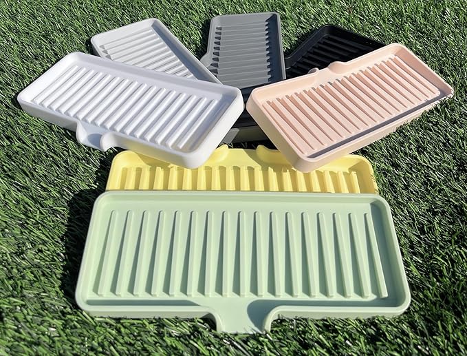 Silicone Soap Dish Tray and Sponge Holder with Drain Chute, Rectangular, Kitchen and Bathroom Sink Organizer (White, 9"x3.5")