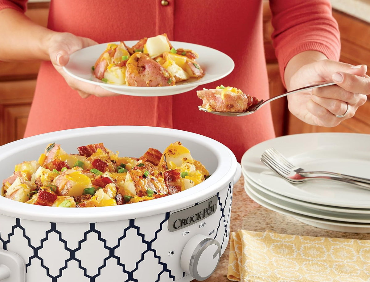 Crock-Pot Small 2.5 Quart Casserole Slow Cooker in White/Blue, Enjoy Eye-Catching Quick Meals, Durable and Compact
