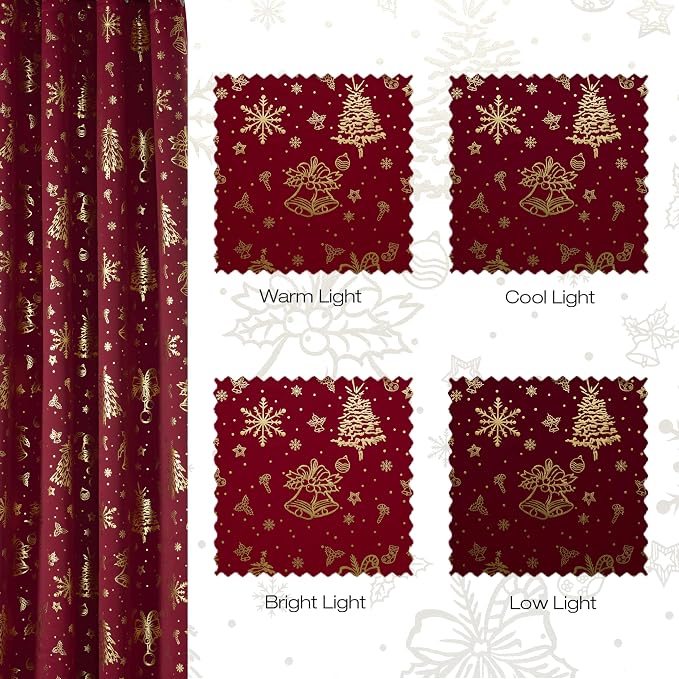 NICETOWN 2 Panels Red Christmas Curtains W42 x L63 in, Rod Pocket Gold Stamping