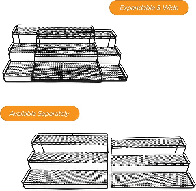 3 Tier Wide Expandable Cabinet Spice Rack Organizer (14.5" to 29.1") - Step Shelf with Protection Railing, Black
