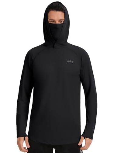 Men's UPF 50+ Sun Protection Hoodie Lightweight Quick Dry Fishing Shirts Long Sleeve Rash Guard with Mask - color: Black, size: Medium