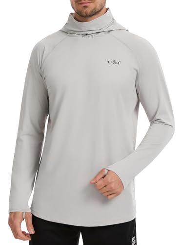 Men's UPF 50+ Sun Protection Hoodie Lightweight Quick Dry Fishing Shirts Long Sleeve Rash Guard with Mask - color: Light Grey, size: Medium