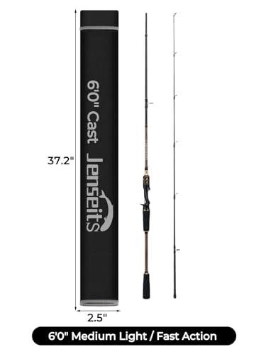 Jenseits Carbon Fiber Fishing Rod Series (6-12 Ft), Spinning & Casting Rods with Stainless Steel Ceramic Guides, Fast Action Fishing Pole for Bass, Trout, Walleye & Surf Fishing - size: 6'0"-Medium Light-Fast-Black