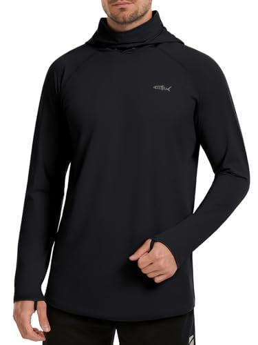 Men's UPF 50+ Sun Protection Hoodie Lightweight Quick Dry Fishing Shirts Long Sleeve Rash Guard with Mask - color: Black, size: Medium