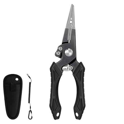 Aluminum Fishing Pliers, Stainless Steel Hook Remover, Tungsten Carbide Cutters, Serrated Jaws, TPR Ergonomic Handle, Includes Sheath and Lanyard