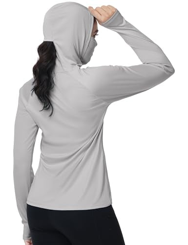 isnowood Women's Sun Protection Hoodie UPF 50+ Hiking Fishing Shirt, Long Sleeve UV Rash Guard with Face Mask Lightweight - color: Light Grey, size: XX-Large
