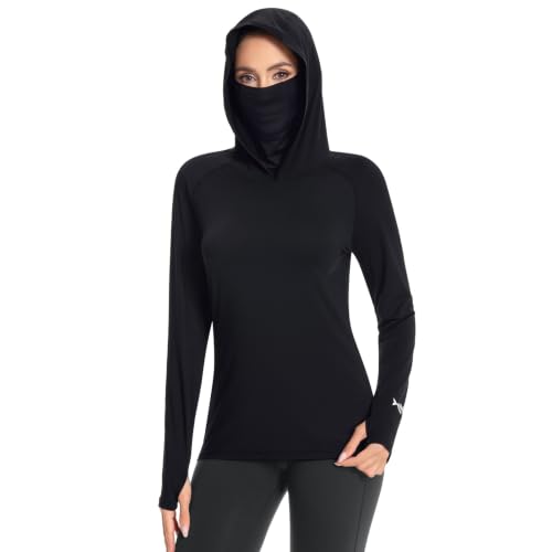 BASSDASH Women’s UPF 50+ Hoodie Shirt with Breathable Face Mask - color: Black, size: Large