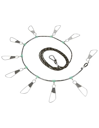 BLUEWING V2 Fishing Stringer Fish Keeper with 10 Stainless Steel Lock Snaps and 8ft Floating Rope - color: Patterned Dark Green