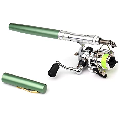 Pen Fishing Rod Kit Mini Fishing Pole Pocket Pen Rod Set Fishing Rod Pen Portable Telescopic Fishing Rod with Spinning Reel Fishing Rod Reel Combo for Travel Saltwater Freshwater Sea - color: A-01-Green(Rod & Reel), size: 1.4M