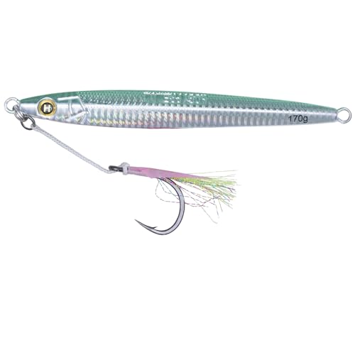 Hogy Big-Game Sand EEL Jig - Tuna Fishing Lure Knife-Style Deep Water Jig | Knife-style deep water jig with heavy-duty assist hooks for Tuna, Striped Bass, Groundfish & saltwater fishing. - color: Green, size: 10/0 - 6.5oz