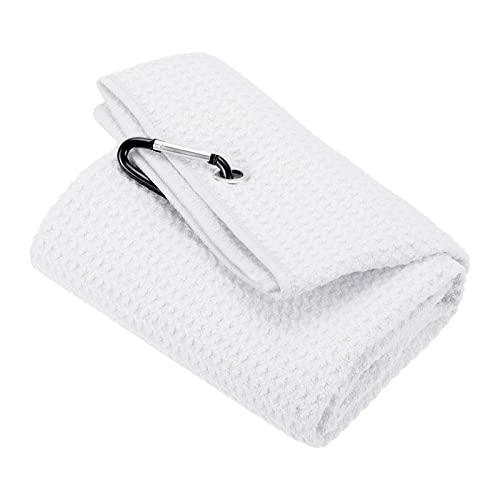 PATIKIL 16"x16" Tri-Fold Golf Towels, Waffle Pattern Towels Soft Fiber Strong Water Absorption with D Clip for Golf Lovers, White - color: White, size: 16"x16"