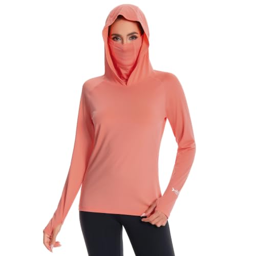 BASSDASH Women’s UPF 50+ Hoodie Shirt with Breathable Face Mask - color: Peach Amber, size: Medium