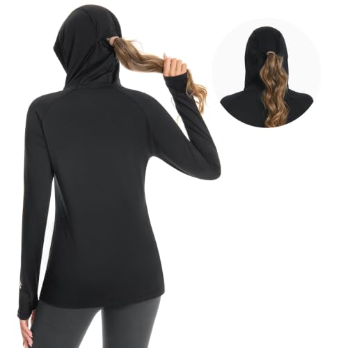 BASSDASH Women’s UPF 50+ Hoodie Shirt with Breathable Face Mask - color: Black, size: X-Large