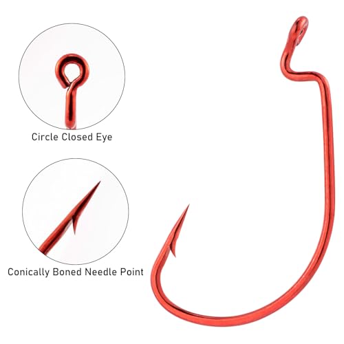 Dr.Fish EWG Hooks Bass Fishing Worm Hooks Extra Wide Gap Freshwater Fishing Carolina/Texas Rig - color: Red, size: #2-100Pack