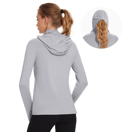 BASSDASH Women’s UPF 50+ Hoodie Shirt with Breathable Face Mask - color: Light Grey, size: Medium