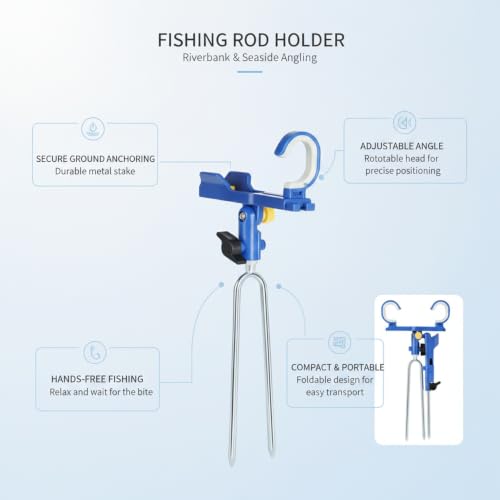Fishing Rod Holder with Ground Spike, Foldable Metal Stake for Riverbank and Seaside Angling (1 PC) - color: Blue
