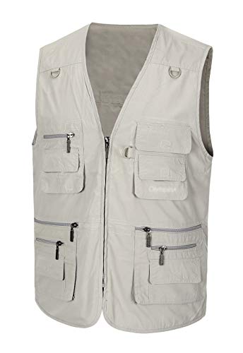 Spanye Mens Fishing Vest Multi Pocket Vests Safari Travel Photo Work Jacket Alive Outerwear - color: Beige, size: XX-Large