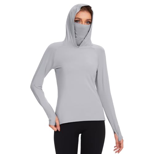BASSDASH Women’s UPF 50+ Hoodie Shirt with Breathable Face Mask - color: Light Grey, size: Medium