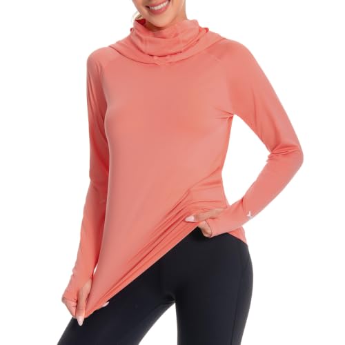 BASSDASH Women’s UPF 50+ Hoodie Shirt with Breathable Face Mask - color: Peach Amber, size: Medium