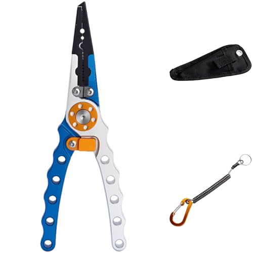 Aluminum Fishing Pliers with Hook Remover, Extended Throat, Split Ring Tool, for Saltwater Fishing, Lightweight Braid Line Cutters, Crimping Sleeves, Anti-Lost Lanyard, Nylon Sheath