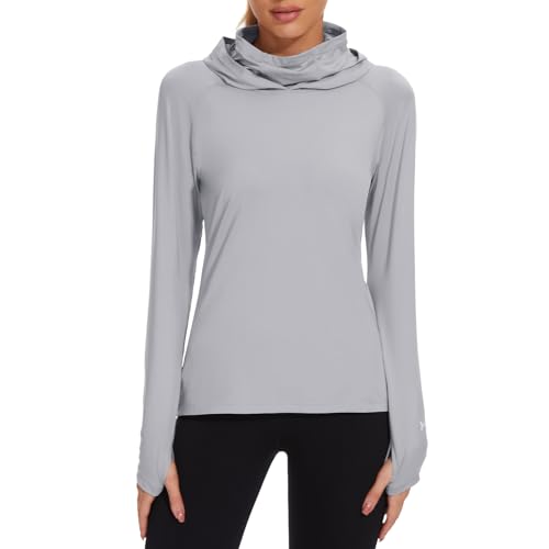 BASSDASH Women’s UPF 50+ Hoodie Shirt with Breathable Face Mask - color: Light Grey, size: Large