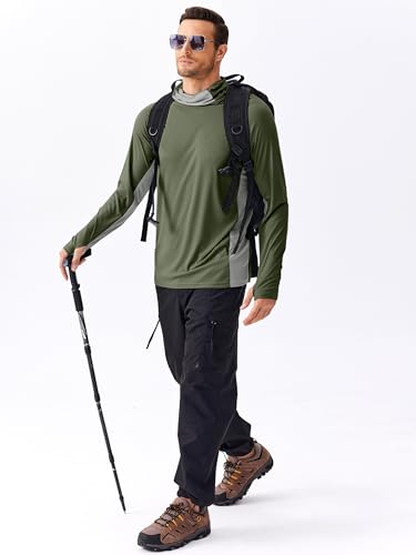 PINSPARK Men's Sun Protection Hoodie with Mask UPF 50+ UV Long Sleeve Shirt Men Rash Guard Performance Fishing Hiking Shirt - color: Army Green, size: Small