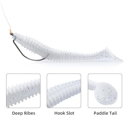 Paddle Tail Swimbaits 100/80/50PCS, 5/4/3/2 inch Soft Fishing Lures Bulk Pack – Durable Lifelike Action Lures for Bass, Trout, Crappie – Freshwater & Saltwater Fishing Gifts - color: White Pearl, size: 4in, 80pcs