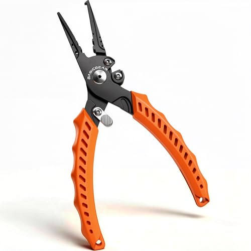 BasicGear Fishing Pliers, 17-4 PH Stainless Steel Saltwater Pliers, Braid Cutter, Split Ring Tool, Corrosion Resistant, One-Hand Operation (6.3" Compact (Light Fishing) - Orange) - size: 6.3" Compact (Light Fishing) - Orange
