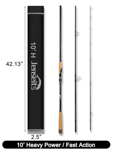 Jenseits Carbon Fiber Fishing Rod Series (6-12 Ft), Spinning & Casting Rods with Stainless Steel Ceramic Guides, Fast Action Fishing Pole for Bass, Trout, Walleye & Surf Fishing - size: 10'0"-Heavy-Fast-Black