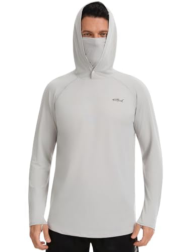 Men's UPF 50+ Sun Protection Hoodie Lightweight Quick Dry Fishing Shirts Long Sleeve Rash Guard with Mask - color: Light Grey, size: Small