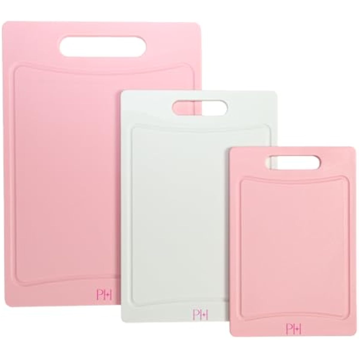 Paris Hilton Cutting Boards, Dual-Sided Cutting Board Set with Built-in Juice Grooves, Easy-Grip Handles, Heavy-Duty Plastic Made without BPA, Dishwasher Safe, 3-Piece Set, Pink and Cream