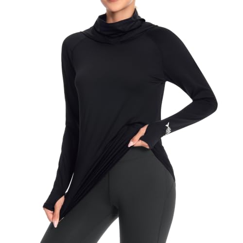 BASSDASH Women’s UPF 50+ Hoodie Shirt with Breathable Face Mask - color: Black, size: X-Large