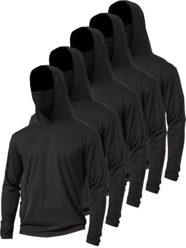 5 Pack Mens Hoodie Shirts with Face Mask Sun Protection Lightweight Quick Dry Rash Guard for Outdoor Fishing Active Wear - color: Black (5-pack), size: 3X-Large