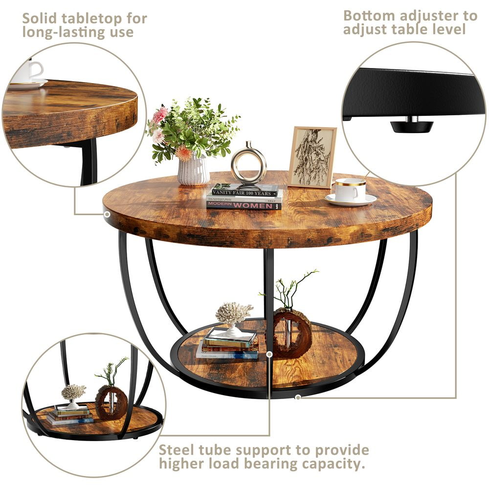 LUMAMIN 31.5" Round Coffee Table with Storage, 2 Tier Modern Small Wood Center Table with Metal Legs for Living Room, Bedroom, Rustic Brown