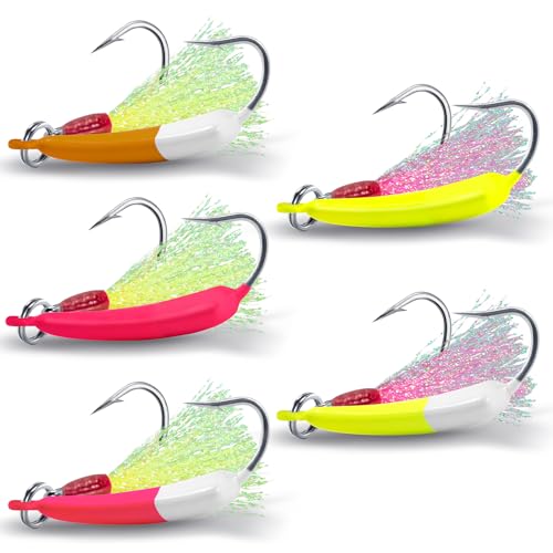Dr.Fish 5 Pack Pompano Jigs with Teaser Hooks, Surf Fishing Jig Heads Saltwater Lure Banana Shape Stand Up O'Shaughnessy Beach Casting Halibut Striper Redfish Flounder - color: Mixed color, size: 1oz-Hook 4/0