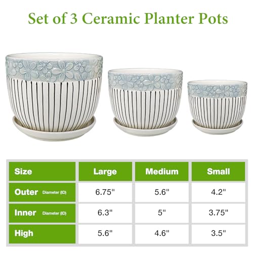 Ceramic Plant Pots Set of 3, 6.75/5.6/4.2 inch Planters with Drainage Holes and Saucer, Flower Pot Outdoor Indoor, Modern Decorative Planters for House Plants Garden Planters Succulent Pots