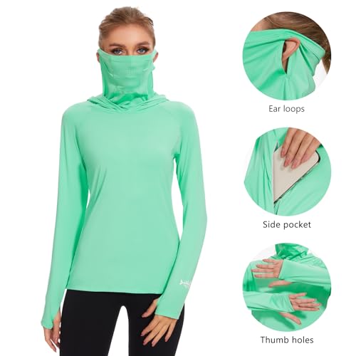 BASSDASH Women’s UPF 50+ Hoodie Shirt with Breathable Face Mask - color: Mint, size: Medium