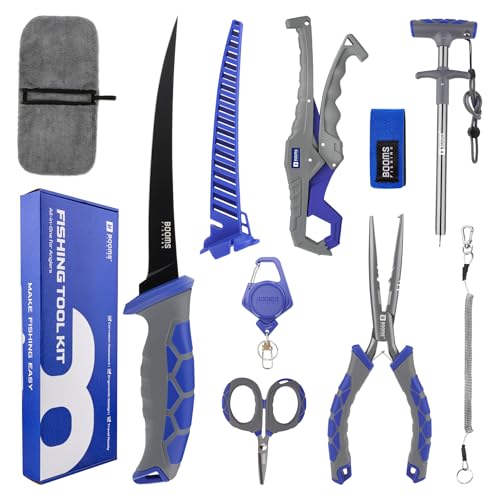 Booms Fishing Gear and Equiment: 9pcs Fishing Tool kit - 7" Fillet Knife, 9" Needle Nose Pliers, Digital Fish Scale with Gripper, Dehooker, Scissors, Towel, Retractor and 2 lanyard for Saltwater, XT05