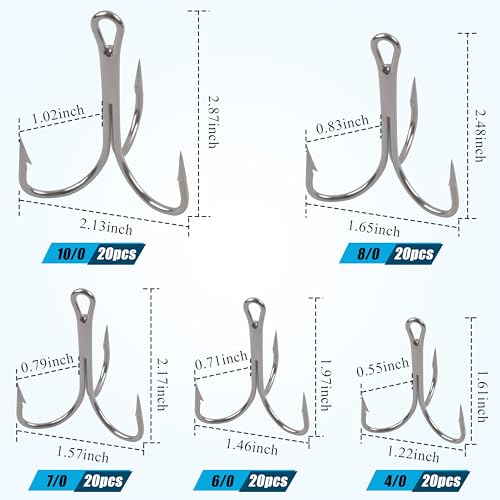 Classic Treble Hooks,20pcs Large Treble Fishing Hooks Saltwater Treble Hooks Silver Big Game Triple Barbed Fish Hooks Saltwater Fishing Hooks Size 4/0 6/0 7/0 8/0 10/0 - size: 20pcs-6/0