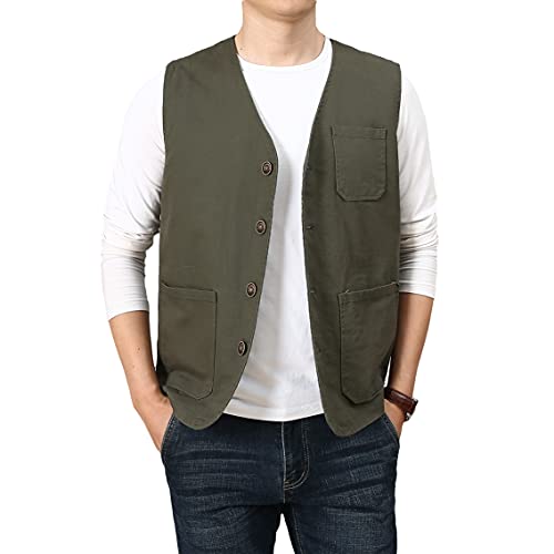 PRIJOUHE Men's Casual Outdoor Cotton Vest Lightweight Breathable Multi-Pocket Fishing Safari Travel Vests Outwear - color: 02-green, size: X-Large