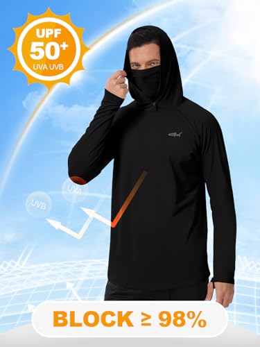 Men's UPF 50+ Sun Protection Hoodie Lightweight Quick Dry Fishing Shirts Long Sleeve Rash Guard with Mask - color: Black, size: X-Large