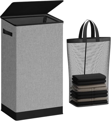 SOLEDI Laundry Hamper with Lid 100L Large & Tall Collapsible Laundry Basket, Clothes Hamper with Bag Removable Easy to Carry, Dirty Hampers for Bedroom, Bathroom, Dorm, College, Grey