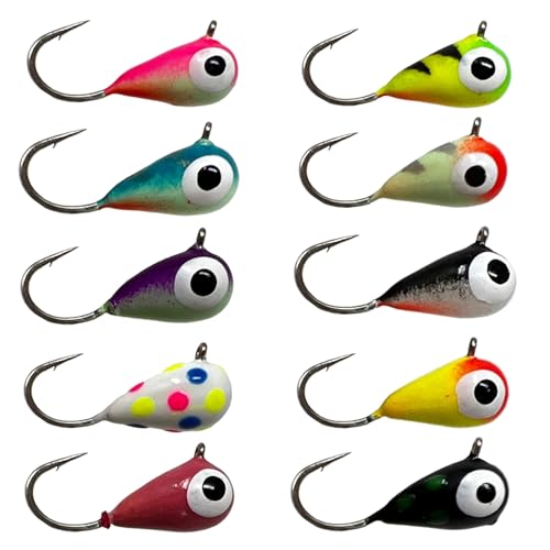 Reaction Tackle Tungsten Ice Fishing Jigs, Tear Drop Jig Heads that Glow with UV Light for Panfish, Crappie, Walleye, Perch, Trout and Bluegill - color: 10-pcs Variety Pack, size: 3 mm