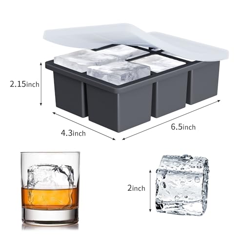 Large Ice Cube Tray for Whiskey: FDDBI Silicone Ice Cube Trays with Lid - 2Pack Big Square Old Fashioned Ice Cube Maker for Cocktail - 2inch Huge Cubed Ice Trays for Whisky